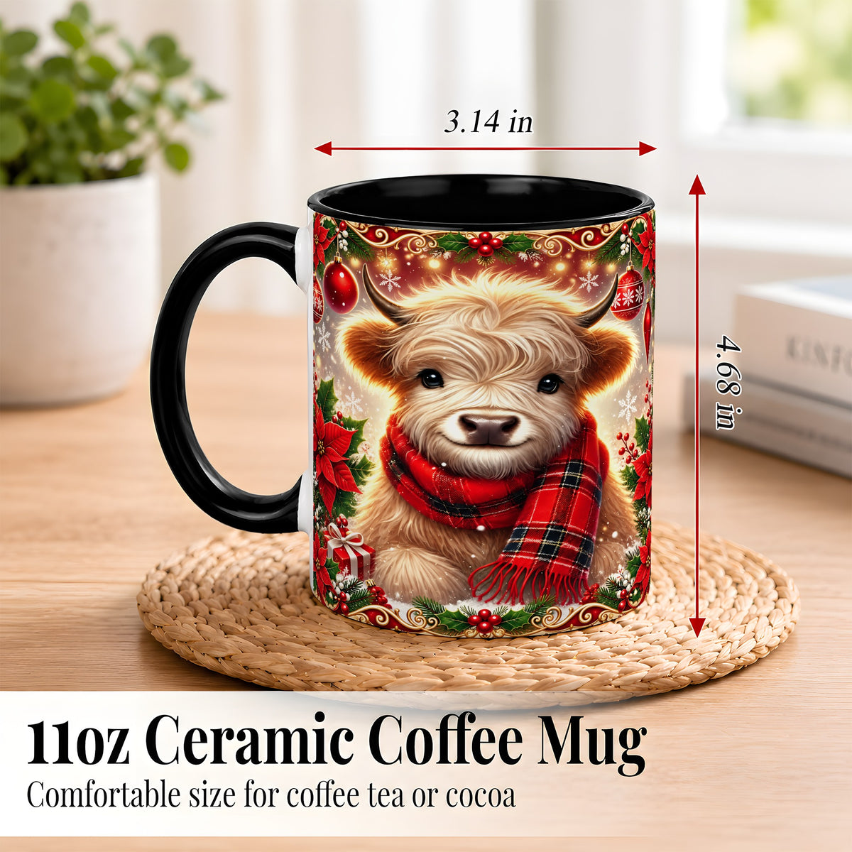 #pl[11oz|Black] Plaid Christmas Highland Cow Coffee Mug, Cozy Cow Mug, Ceramic Cup