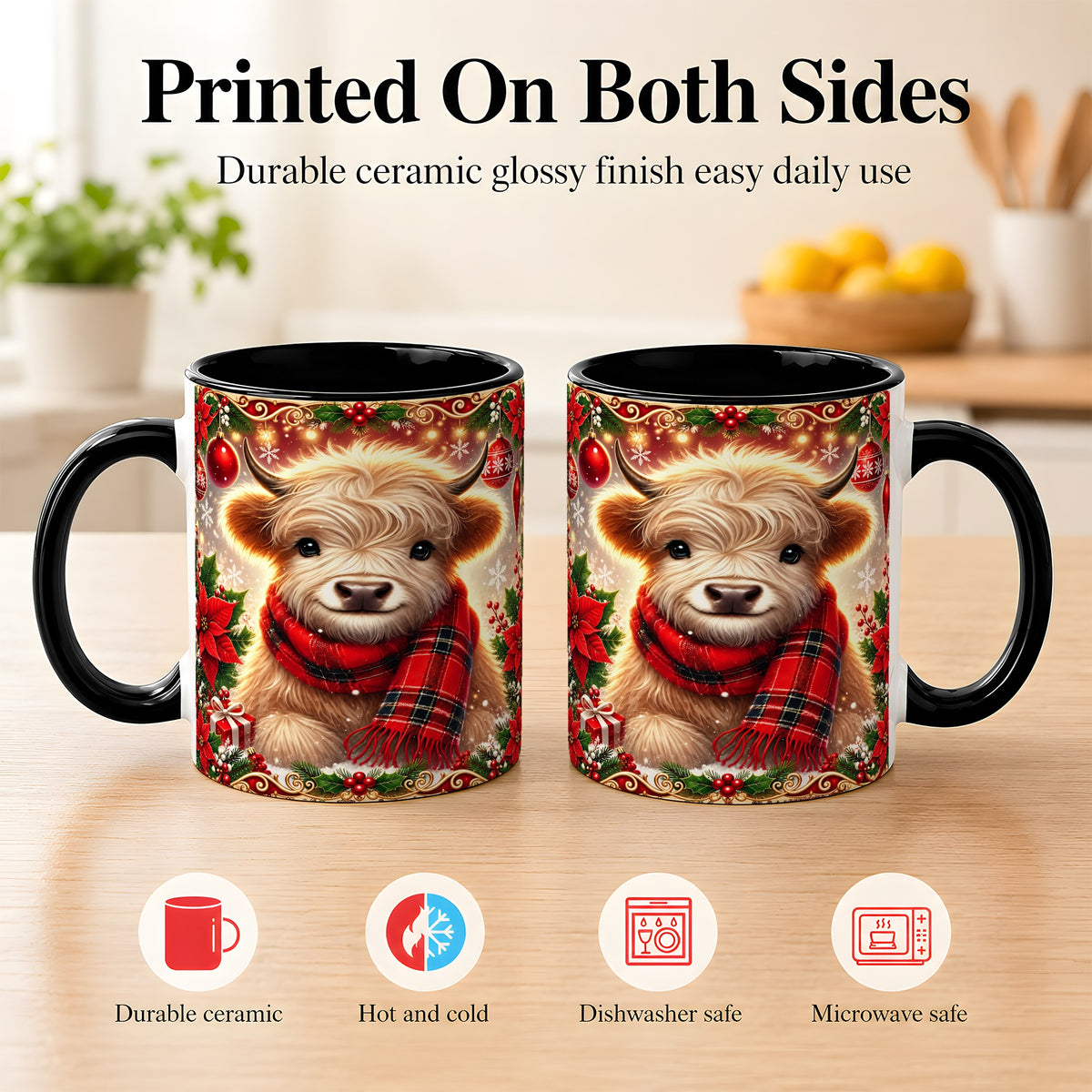 #pl[11oz|Black] Plaid Christmas Highland Cow Coffee Mug, Cozy Cow Mug, Ceramic Cup