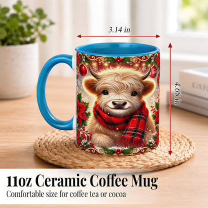 #pl[11oz|Blue] Plaid Christmas Highland Cow Coffee Mug, Cozy Cow Mug, Ceramic Cup
