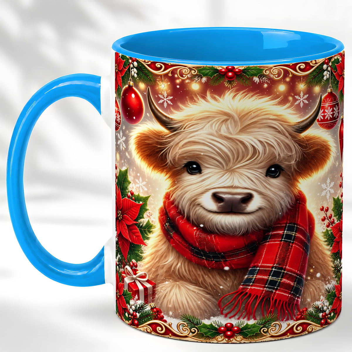 #pl[11oz|Blue] Plaid Christmas Highland Cow Coffee Mug, Cozy Cow Mug, Ceramic Cup
