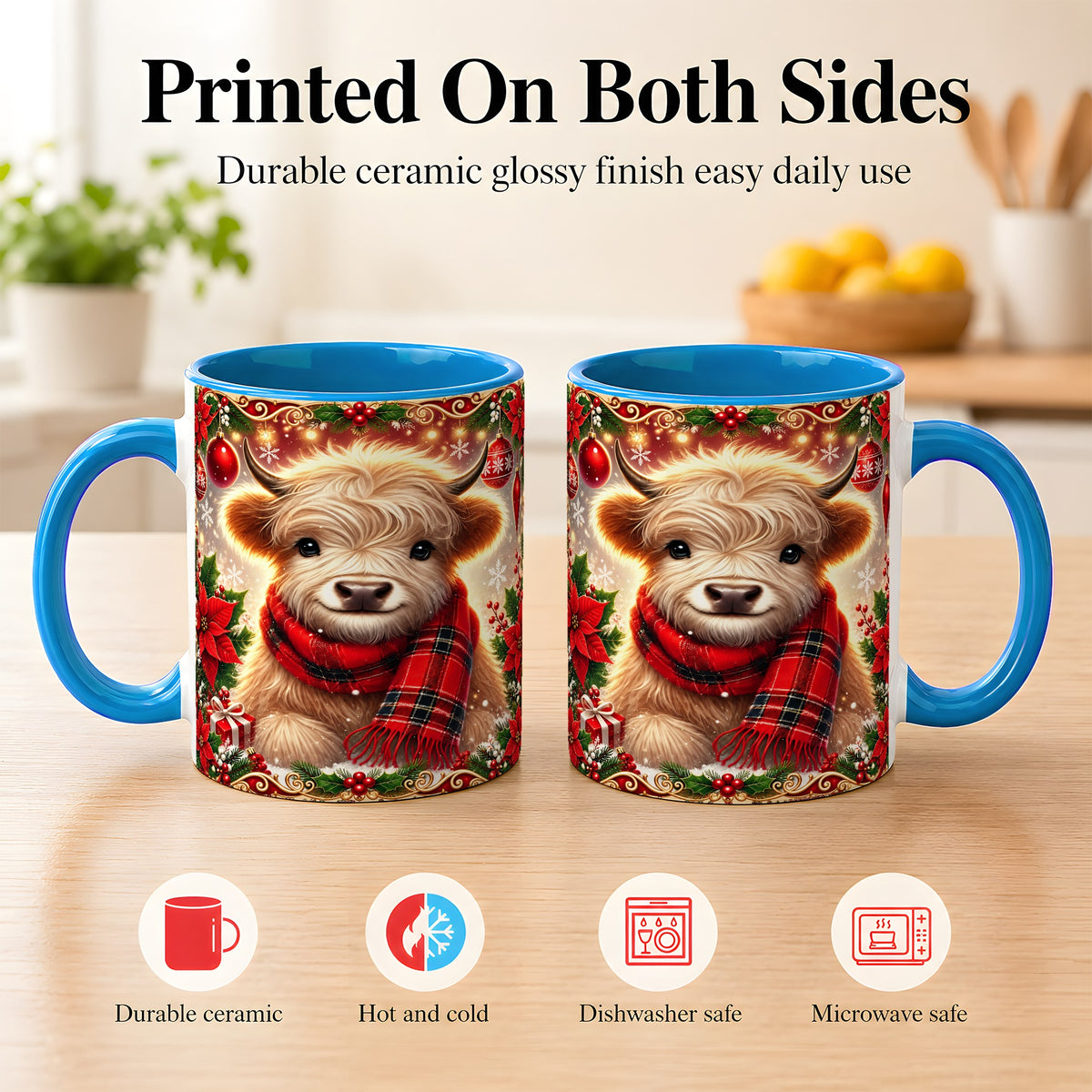 #pl[11oz|Blue] Plaid Christmas Highland Cow Coffee Mug, Cozy Cow Mug, Ceramic Cup