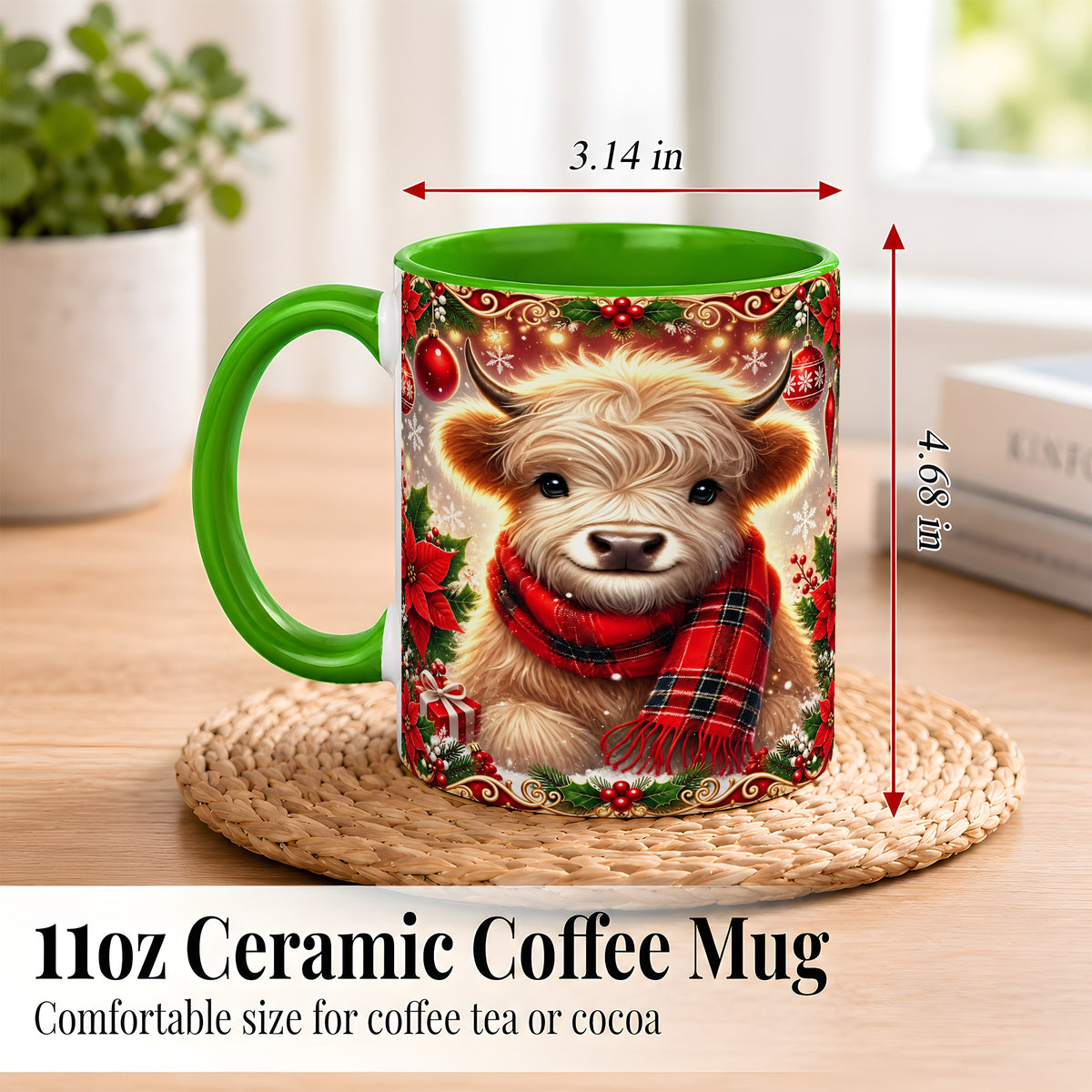 #pl[11oz|Green] Plaid Christmas Highland Cow Coffee Mug, Cozy Cow Mug, Ceramic Cup