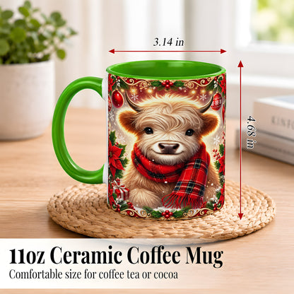 #pl[11oz|Green] Plaid Christmas Highland Cow Coffee Mug, Cozy Cow Mug, Ceramic Cup