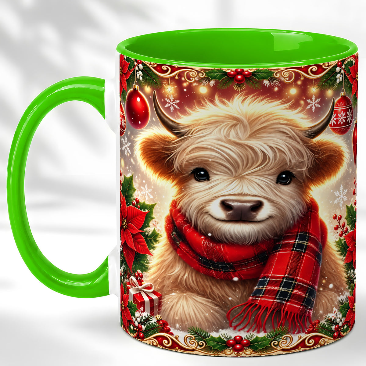 #pl[11oz|Green] Plaid Christmas Highland Cow Coffee Mug, Cozy Cow Mug, Ceramic Cup