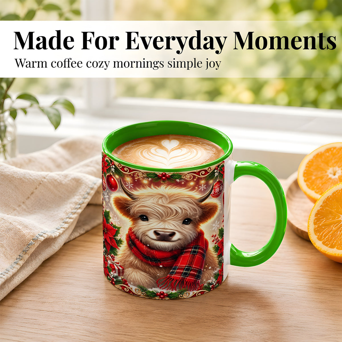 #pl[11oz|Green] Plaid Christmas Highland Cow Coffee Mug, Cozy Cow Mug, Ceramic Cup