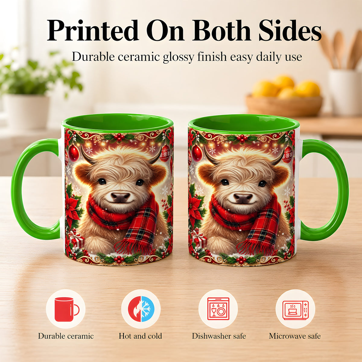 #pl[11oz|Green] Plaid Christmas Highland Cow Coffee Mug, Cozy Cow Mug, Ceramic Cup