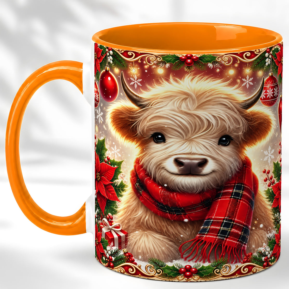 #pl[11oz|Orange] Plaid Christmas Highland Cow Coffee Mug, Cozy Cow Mug, Ceramic Cup