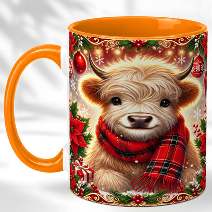 #pl[11oz|Orange] Plaid Christmas Highland Cow Coffee Mug, Cozy Cow Mug, Ceramic Cup