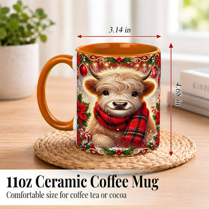 #pl[11oz|Orange] Plaid Christmas Highland Cow Coffee Mug, Cozy Cow Mug, Ceramic Cup