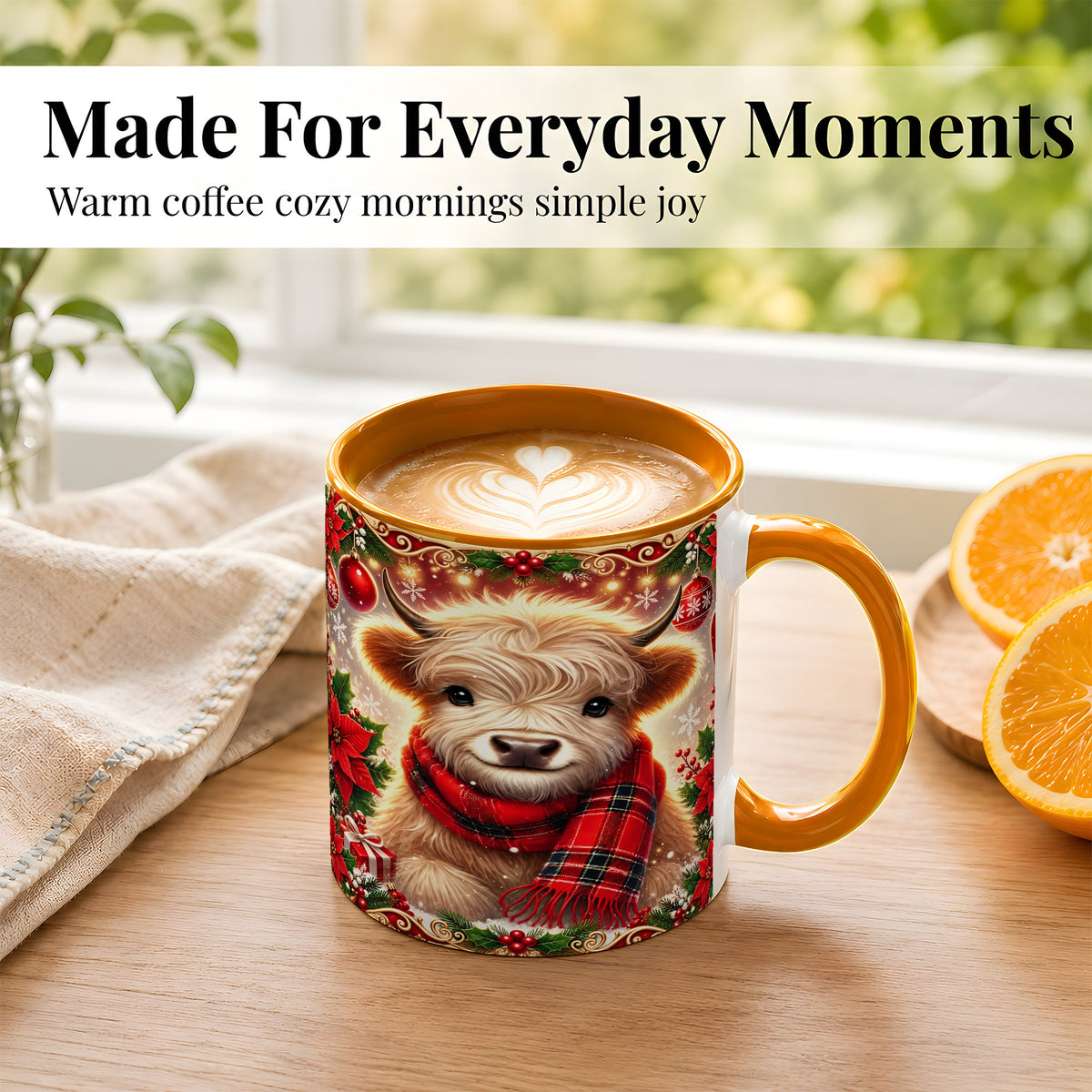#pl[11oz|Orange] Plaid Christmas Highland Cow Coffee Mug, Cozy Cow Mug, Ceramic Cup