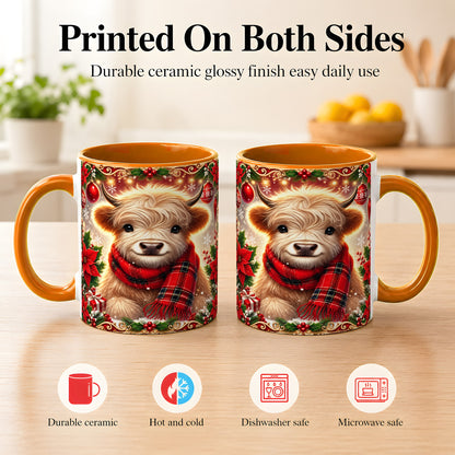 #pl[11oz|Orange] Plaid Christmas Highland Cow Coffee Mug, Cozy Cow Mug, Ceramic Cup