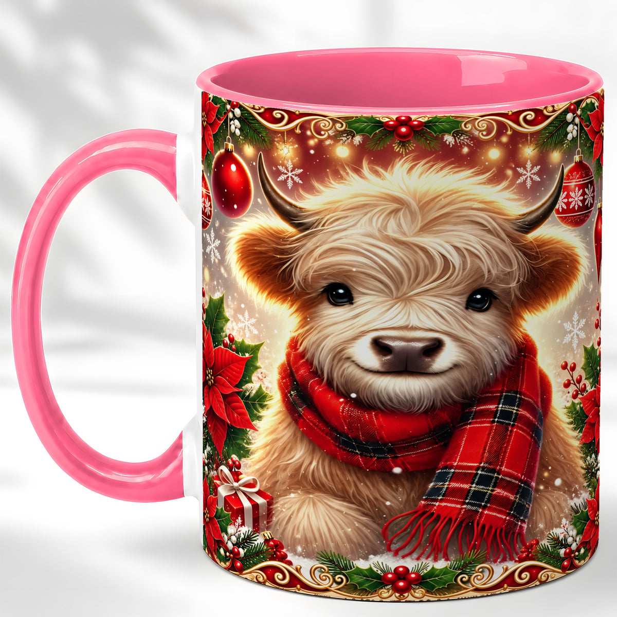 #pl[11oz|Pink] Plaid Christmas Highland Cow Coffee Mug, Cozy Cow Mug, Ceramic Cup