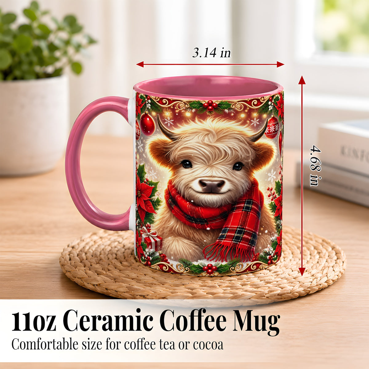 #pl[11oz|Pink] Plaid Christmas Highland Cow Coffee Mug, Cozy Cow Mug, Ceramic Cup