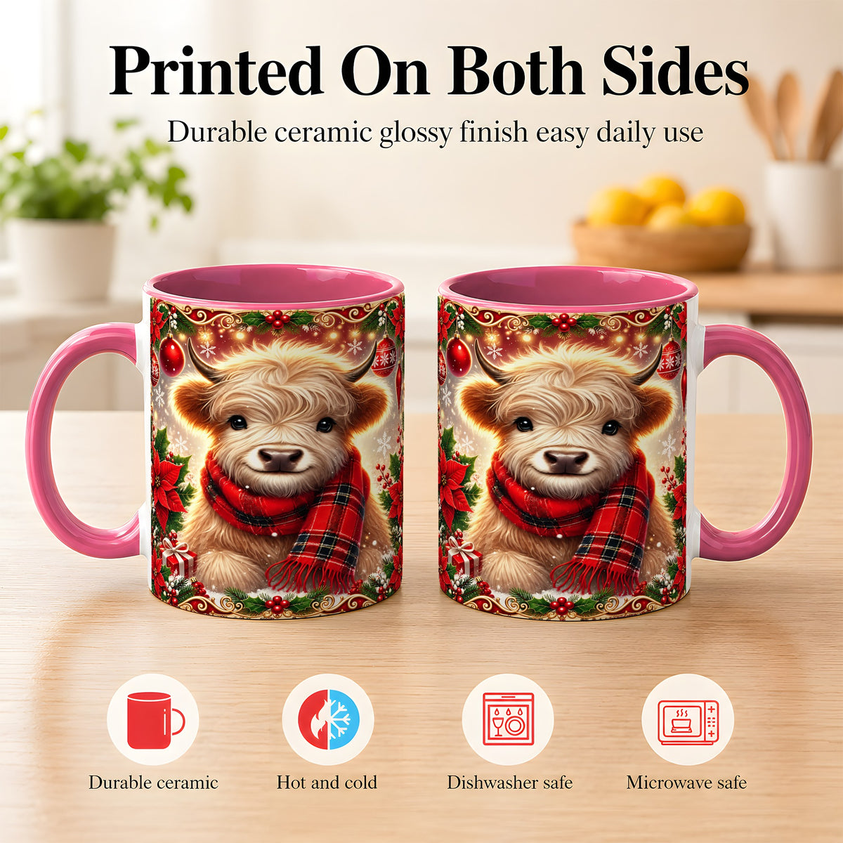 #pl[11oz|Pink] Plaid Christmas Highland Cow Coffee Mug, Cozy Cow Mug, Ceramic Cup