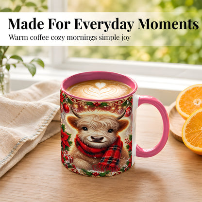 #pl[11oz|Pink] Plaid Christmas Highland Cow Coffee Mug, Cozy Cow Mug, Ceramic Cup