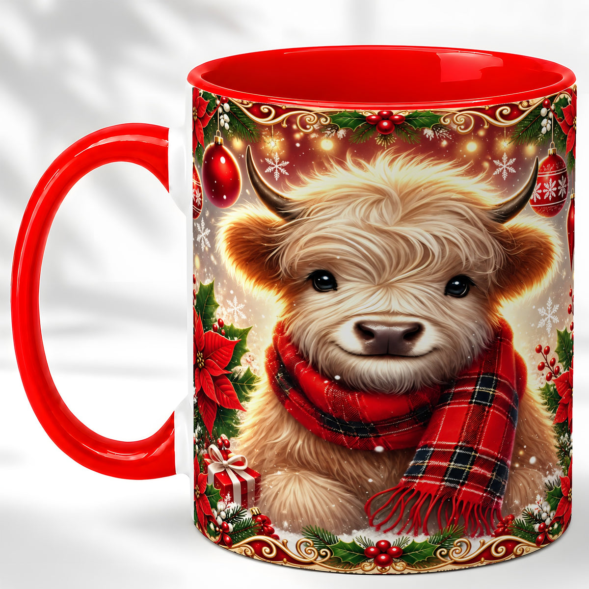 #pl[11oz|Red] Plaid Christmas Highland Cow Coffee Mug, Cozy Cow Mug, Ceramic Cup