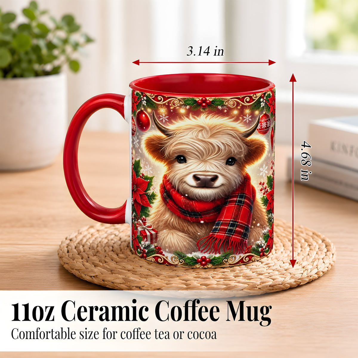 #pl[11oz|Red] Plaid Christmas Highland Cow Coffee Mug, Cozy Cow Mug, Ceramic Cup