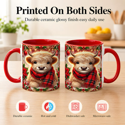 #pl[11oz|Red] Plaid Christmas Highland Cow Coffee Mug, Cozy Cow Mug, Ceramic Cup