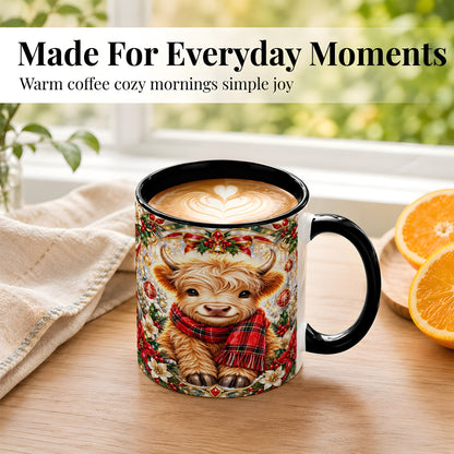 #pl[11oz|Black] Ornate Christmas Highland Cow Coffee Mug, Festive Cow Mug, Ceramic Cup