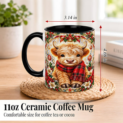 #pl[11oz|Black] Ornate Christmas Highland Cow Coffee Mug, Festive Cow Mug, Ceramic Cup
