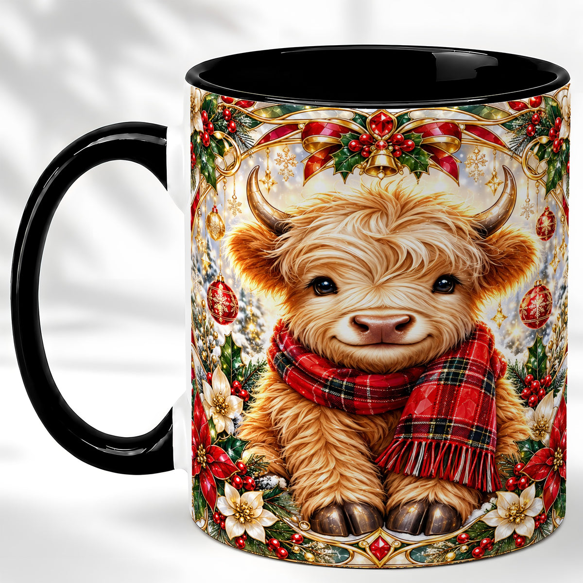 #pl[11oz|Black] Ornate Christmas Highland Cow Coffee Mug, Festive Cow Mug, Ceramic Cup