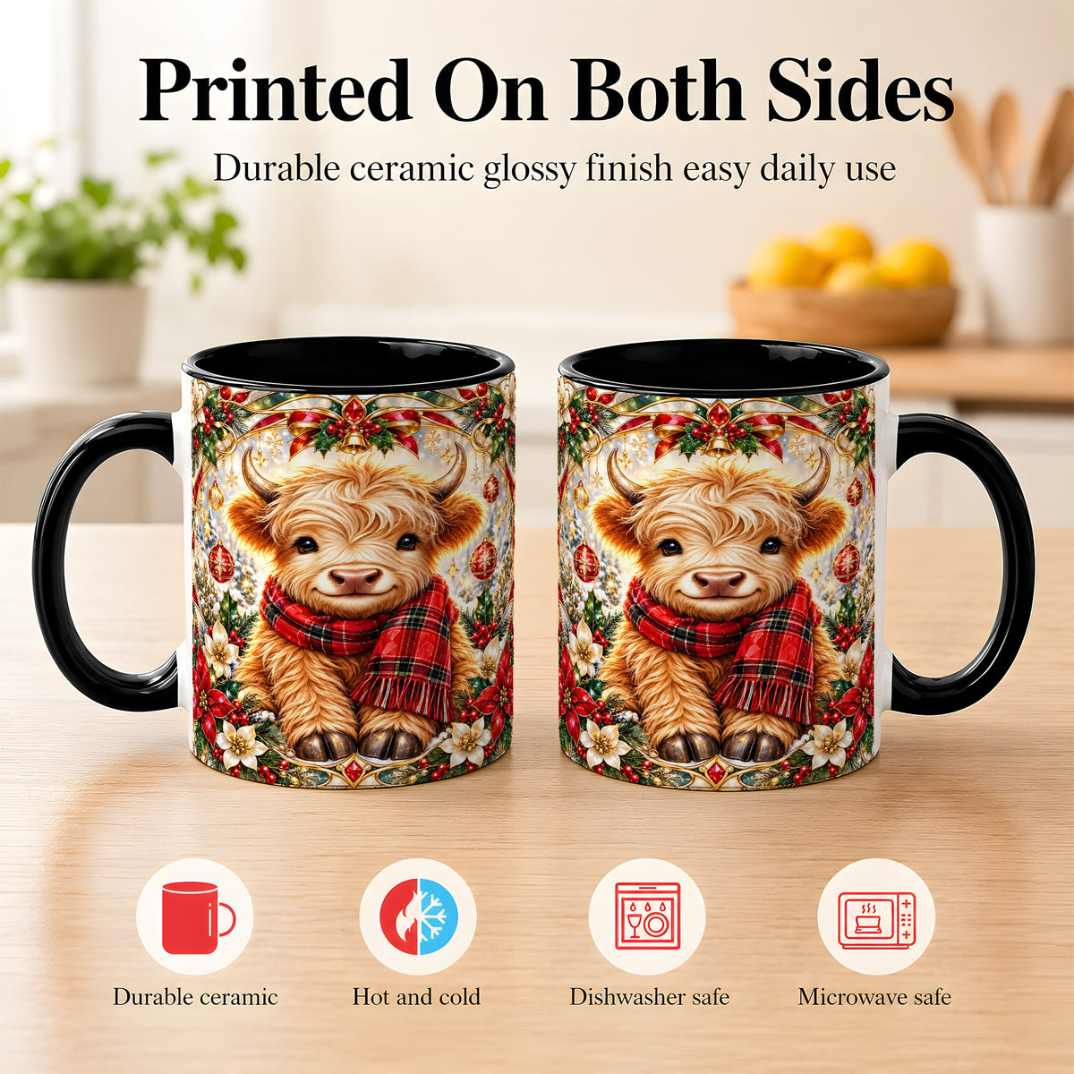 #pl[11oz|Black] Ornate Christmas Highland Cow Coffee Mug, Festive Cow Mug, Ceramic Cup
