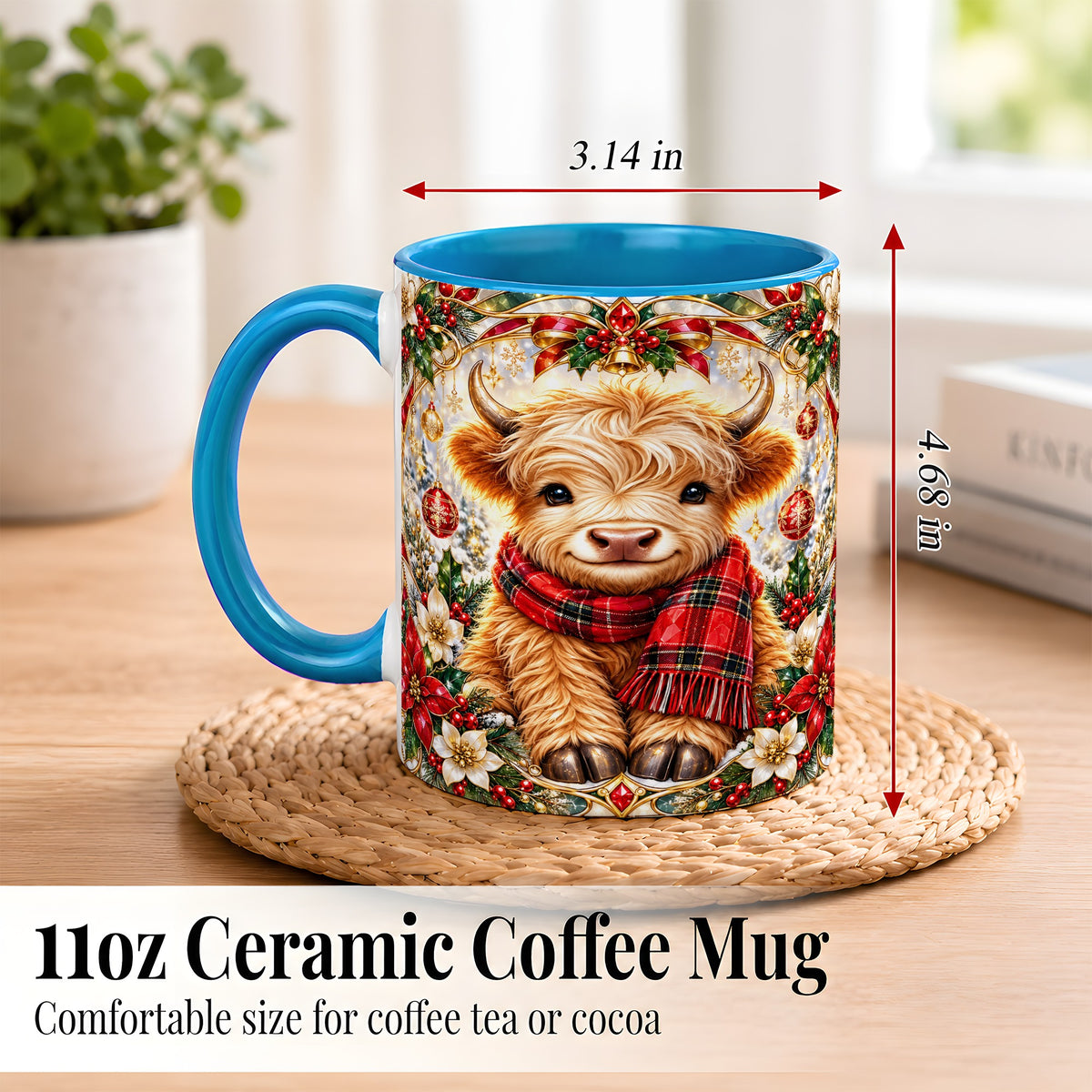 #pl[11oz|Blue] Ornate Christmas Highland Cow Coffee Mug, Festive Cow Mug, Ceramic Cup