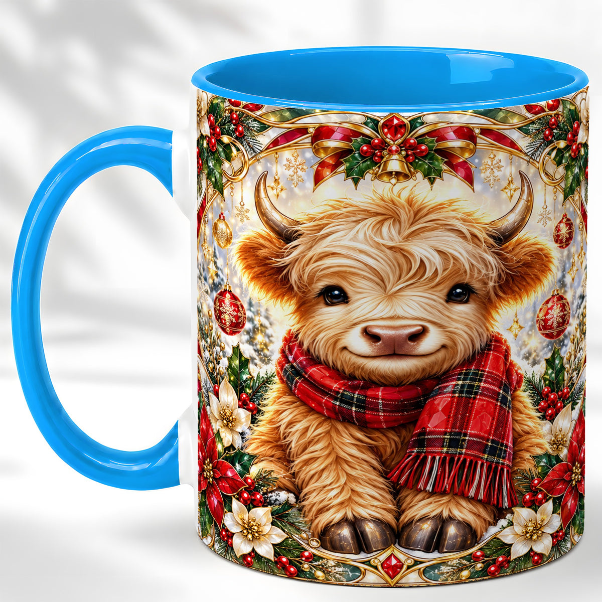 #pl[11oz|Blue] Ornate Christmas Highland Cow Coffee Mug, Festive Cow Mug, Ceramic Cup