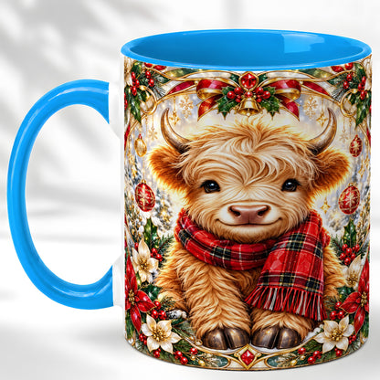 #pl[11oz|Blue] Ornate Christmas Highland Cow Coffee Mug, Festive Cow Mug, Ceramic Cup