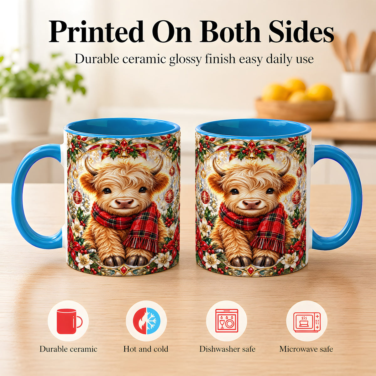 #pl[11oz|Blue] Ornate Christmas Highland Cow Coffee Mug, Festive Cow Mug, Ceramic Cup
