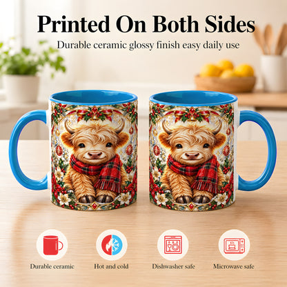 #pl[11oz|Blue] Ornate Christmas Highland Cow Coffee Mug, Festive Cow Mug, Ceramic Cup