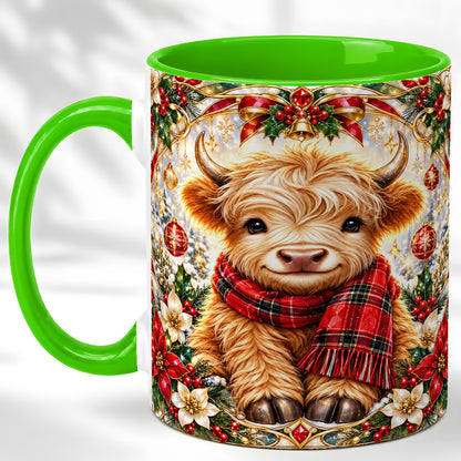 #pl[11oz|Green] Ornate Christmas Highland Cow Coffee Mug, Festive Cow Mug, Ceramic Cup