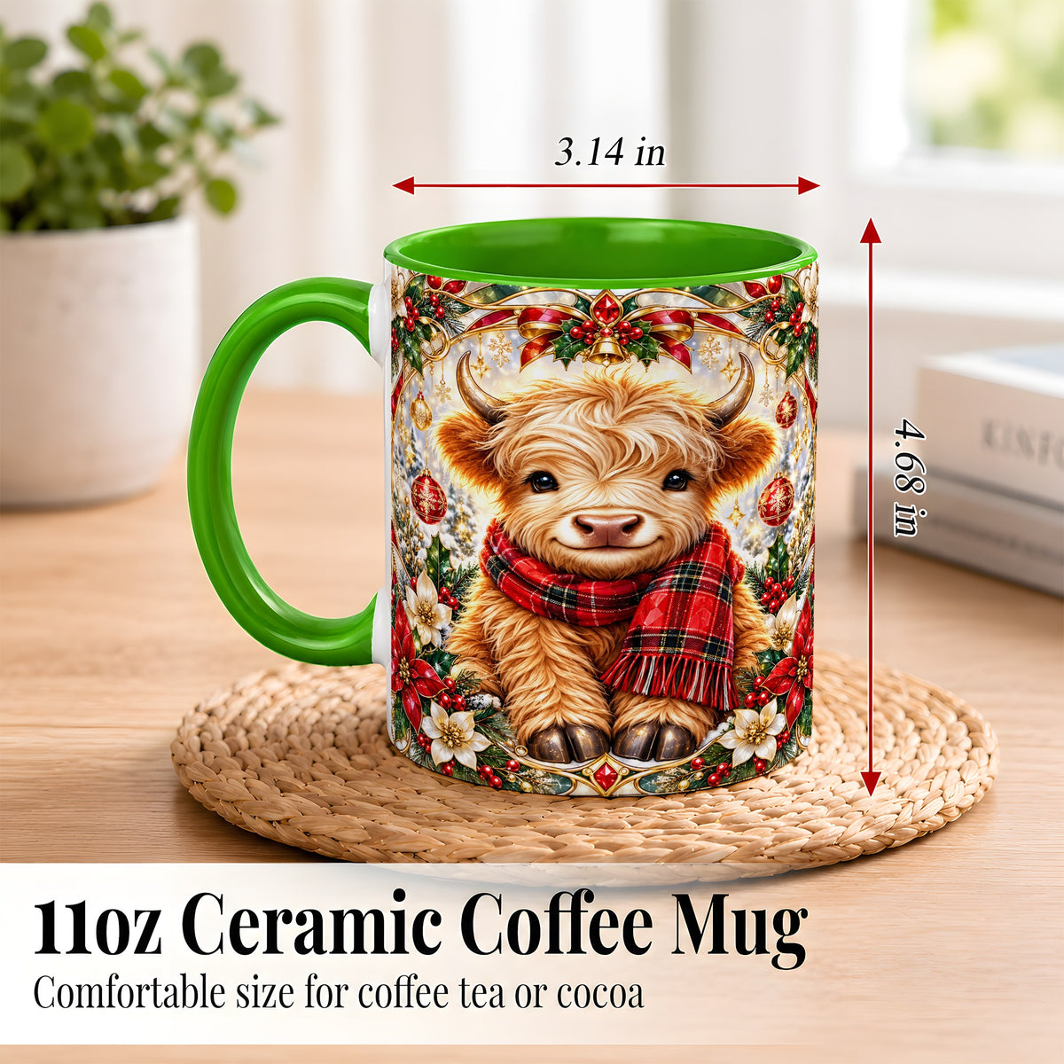 #pl[11oz|Green] Ornate Christmas Highland Cow Coffee Mug, Festive Cow Mug, Ceramic Cup