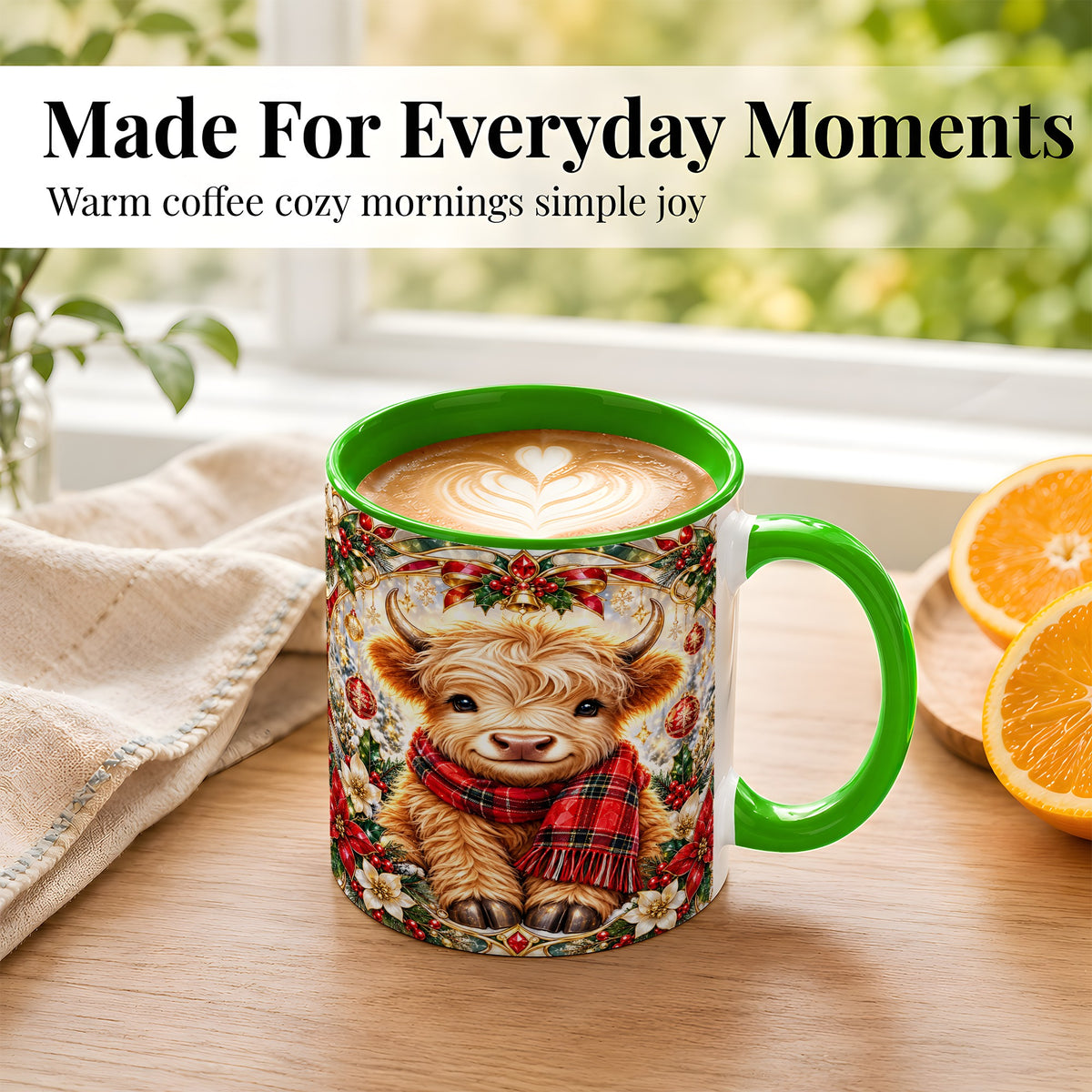 #pl[11oz|Green] Ornate Christmas Highland Cow Coffee Mug, Festive Cow Mug, Ceramic Cup