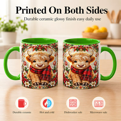 #pl[11oz|Green] Ornate Christmas Highland Cow Coffee Mug, Festive Cow Mug, Ceramic Cup