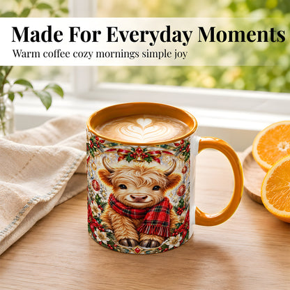 #pl[11oz|Orange] Ornate Christmas Highland Cow Coffee Mug, Festive Cow Mug, Ceramic Cup