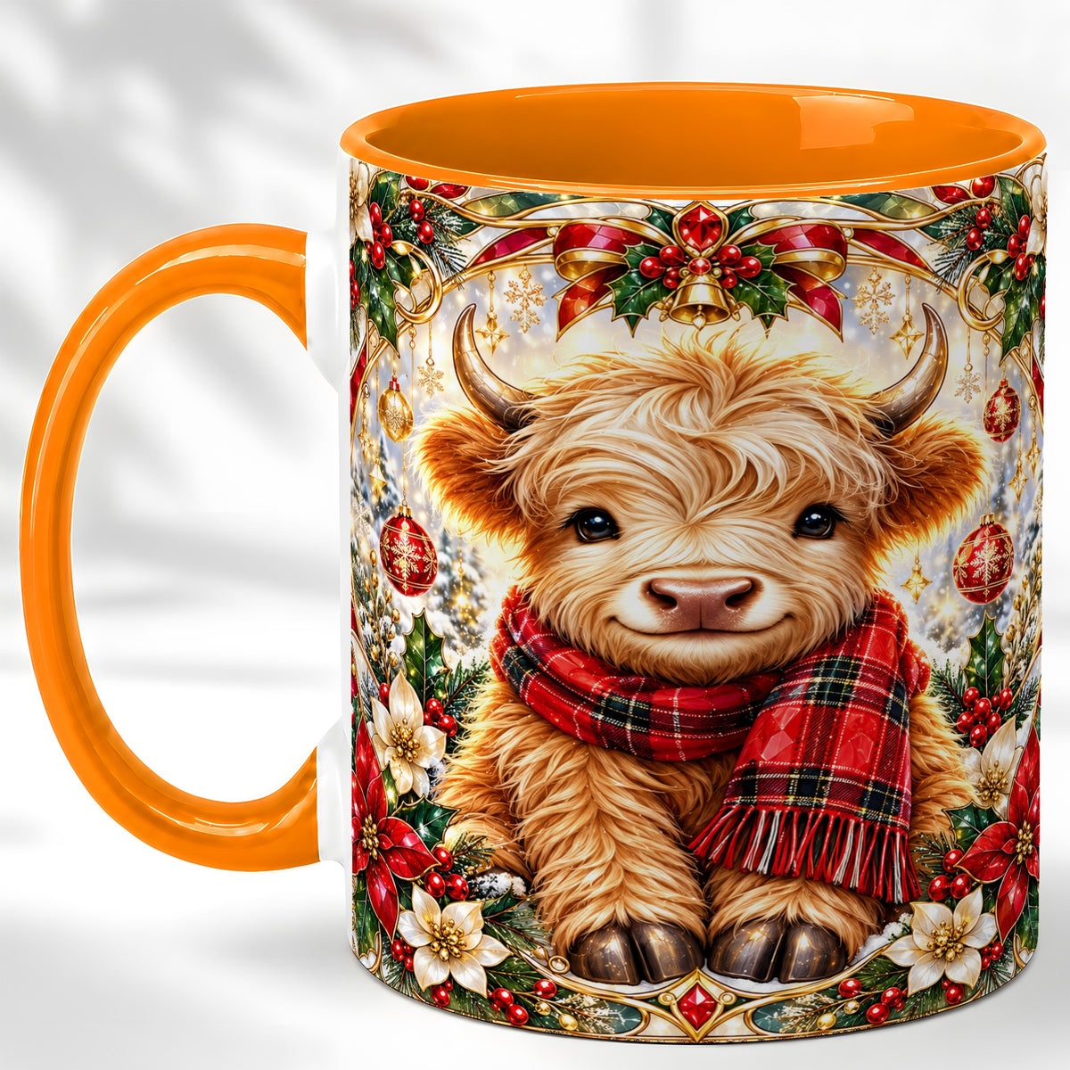 #pl[11oz|Orange] Ornate Christmas Highland Cow Coffee Mug, Festive Cow Mug, Ceramic Cup