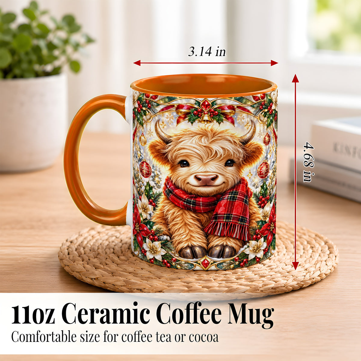 #pl[11oz|Orange] Ornate Christmas Highland Cow Coffee Mug, Festive Cow Mug, Ceramic Cup
