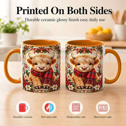 #pl[11oz|Orange] Ornate Christmas Highland Cow Coffee Mug, Festive Cow Mug, Ceramic Cup