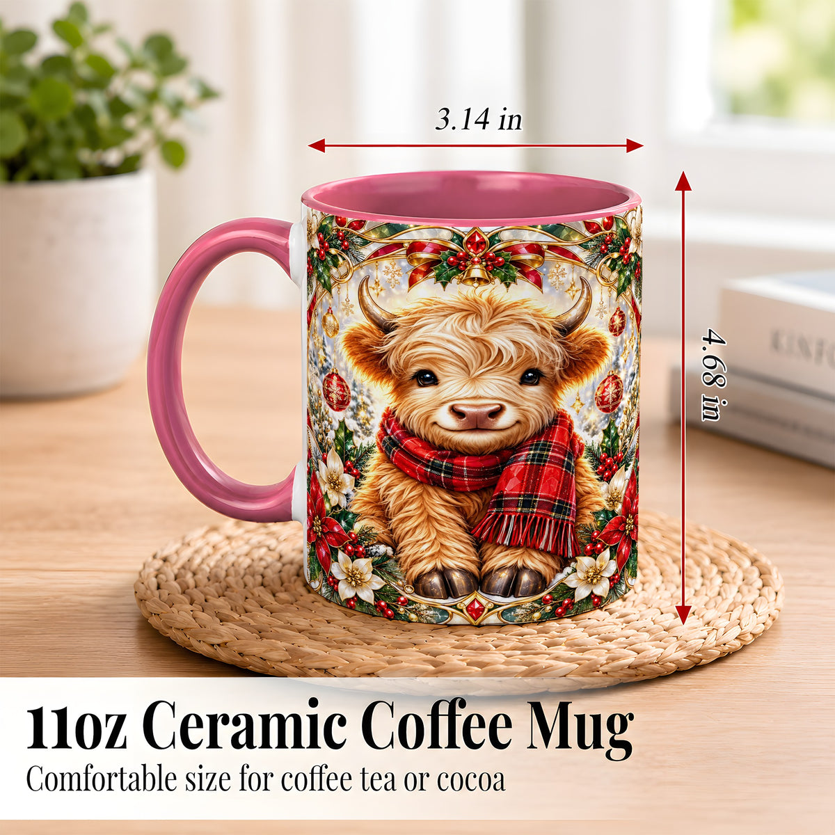 #pl[11oz|Pink] Ornate Christmas Highland Cow Coffee Mug, Festive Cow Mug, Ceramic Cup