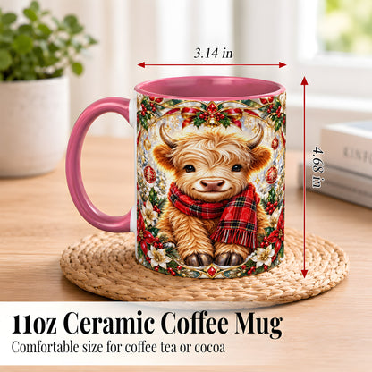 #pl[11oz|Pink] Ornate Christmas Highland Cow Coffee Mug, Festive Cow Mug, Ceramic Cup