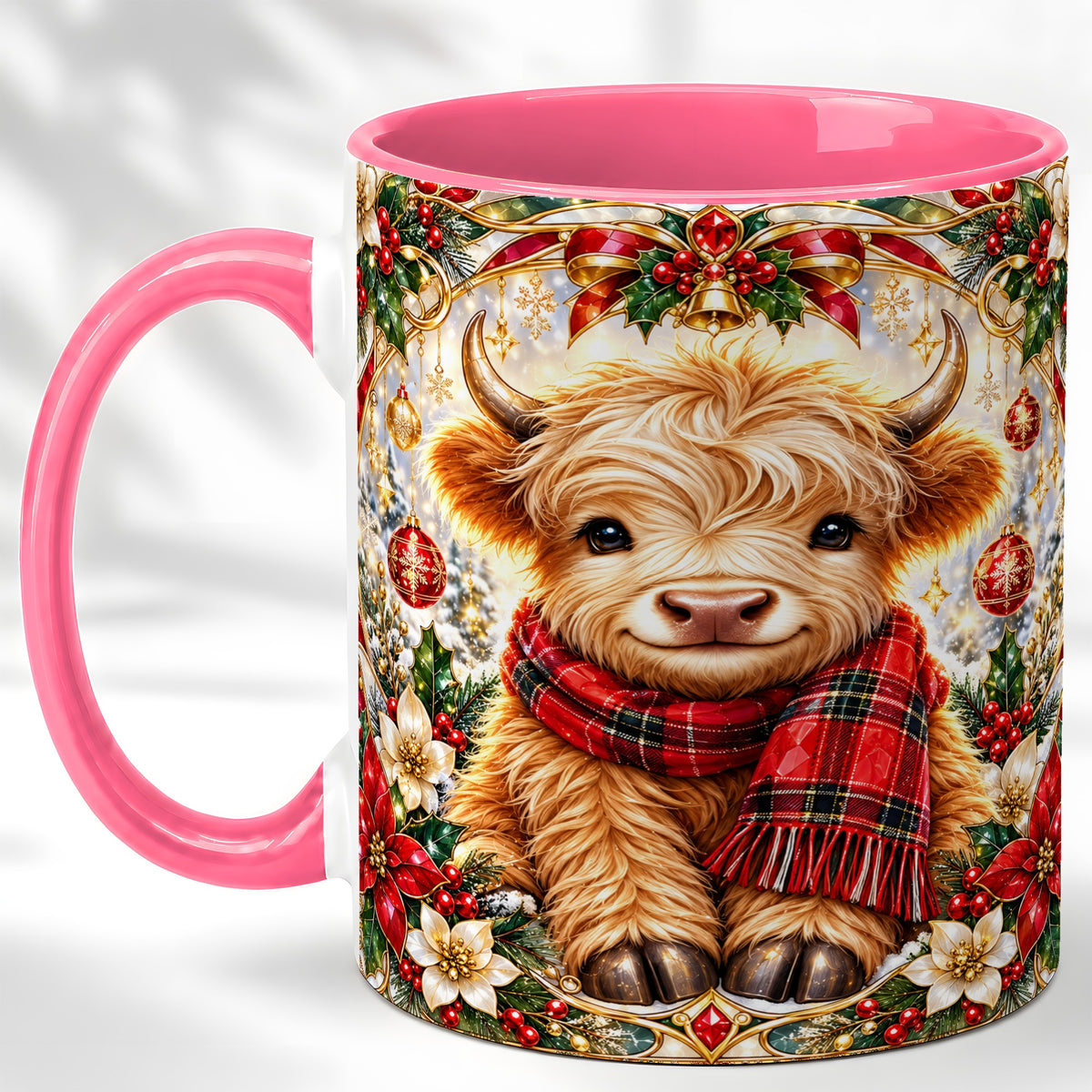 #pl[11oz|Pink] Ornate Christmas Highland Cow Coffee Mug, Festive Cow Mug, Ceramic Cup
