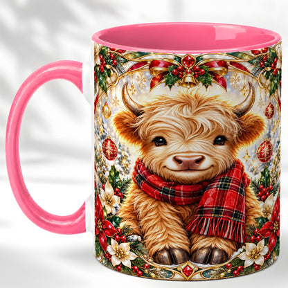 #pl[11oz|Pink] Ornate Christmas Highland Cow Coffee Mug, Festive Cow Mug, Ceramic Cup