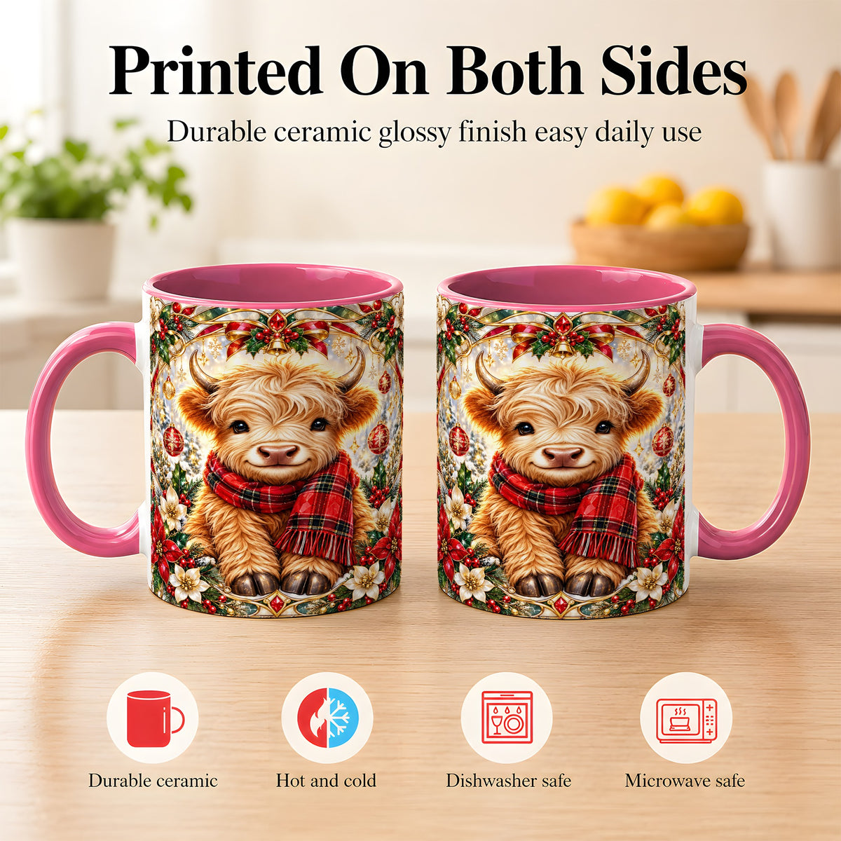 #pl[11oz|Pink] Ornate Christmas Highland Cow Coffee Mug, Festive Cow Mug, Ceramic Cup