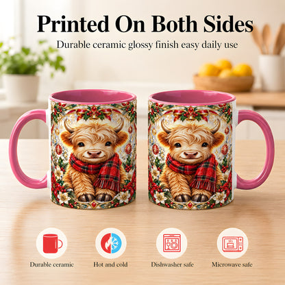 #pl[11oz|Pink] Ornate Christmas Highland Cow Coffee Mug, Festive Cow Mug, Ceramic Cup