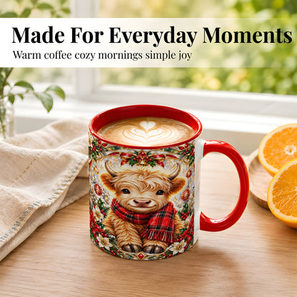 #pl[11oz|Red] Ornate Christmas Highland Cow Coffee Mug, Festive Cow Mug, Ceramic Cup