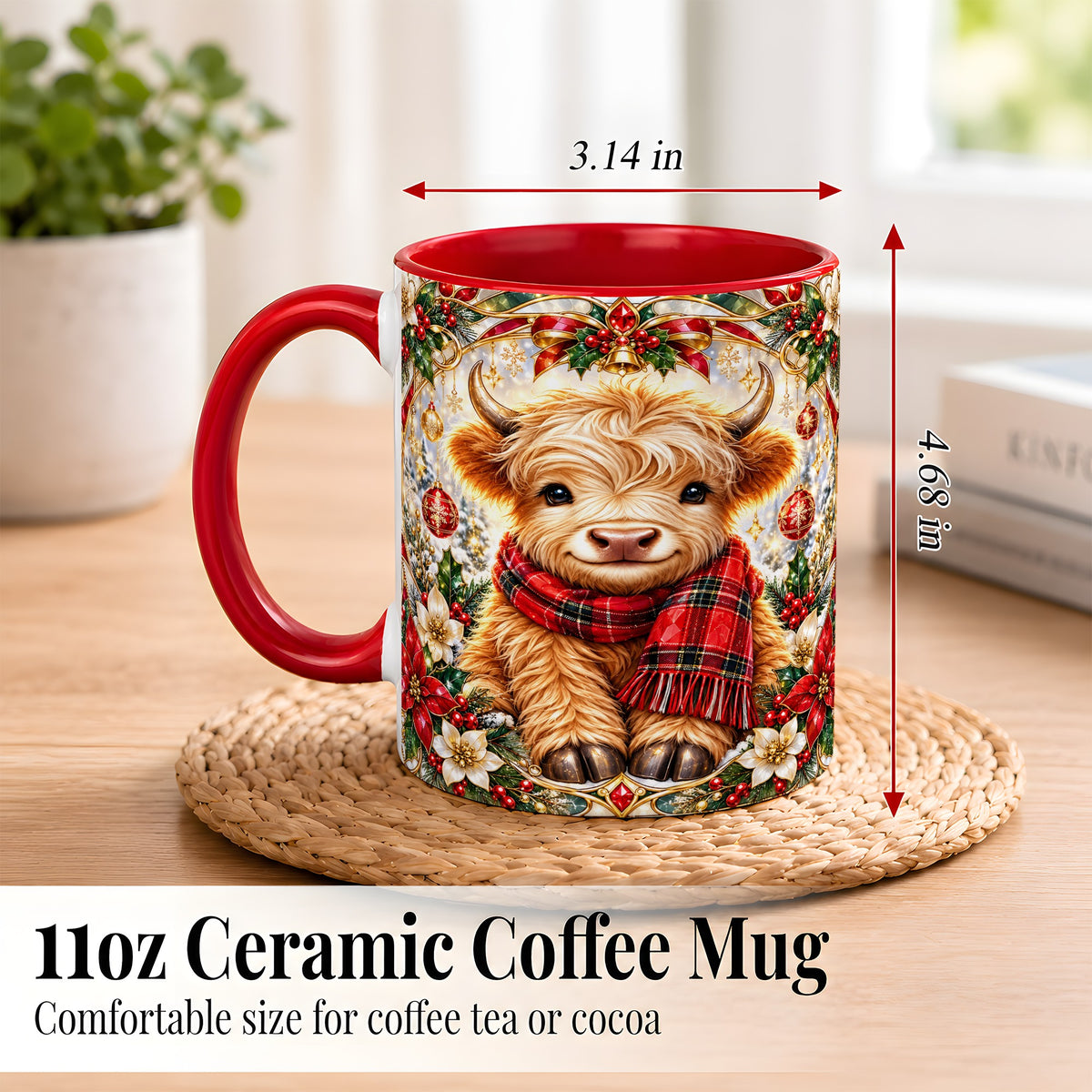 #pl[11oz|Red] Ornate Christmas Highland Cow Coffee Mug, Festive Cow Mug, Ceramic Cup