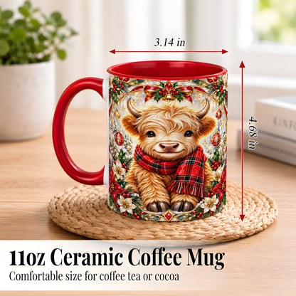 #pl[11oz|Red] Ornate Christmas Highland Cow Coffee Mug, Festive Cow Mug, Ceramic Cup