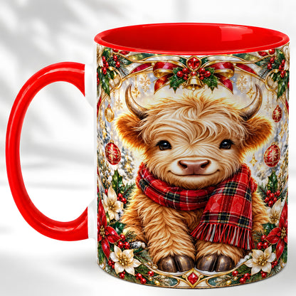 #pl[11oz|Red] Ornate Christmas Highland Cow Coffee Mug, Festive Cow Mug, Ceramic Cup