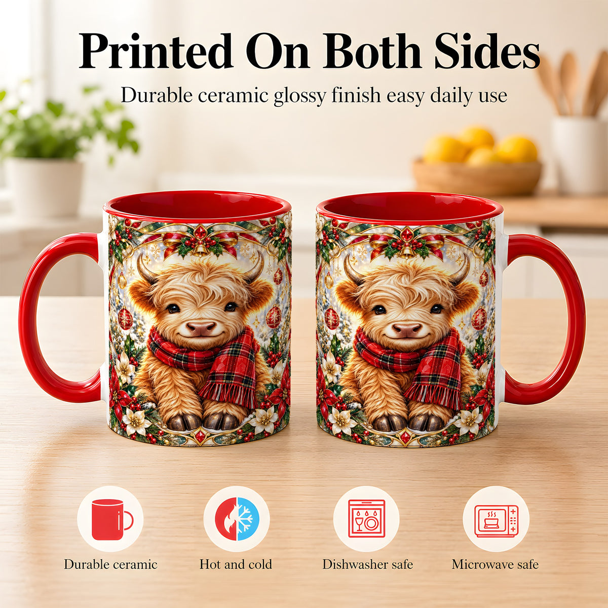 #pl[11oz|Red] Ornate Christmas Highland Cow Coffee Mug, Festive Cow Mug, Ceramic Cup